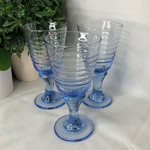 Set of 3 beautiful pale Blue ridged wine / water glasses / goblets